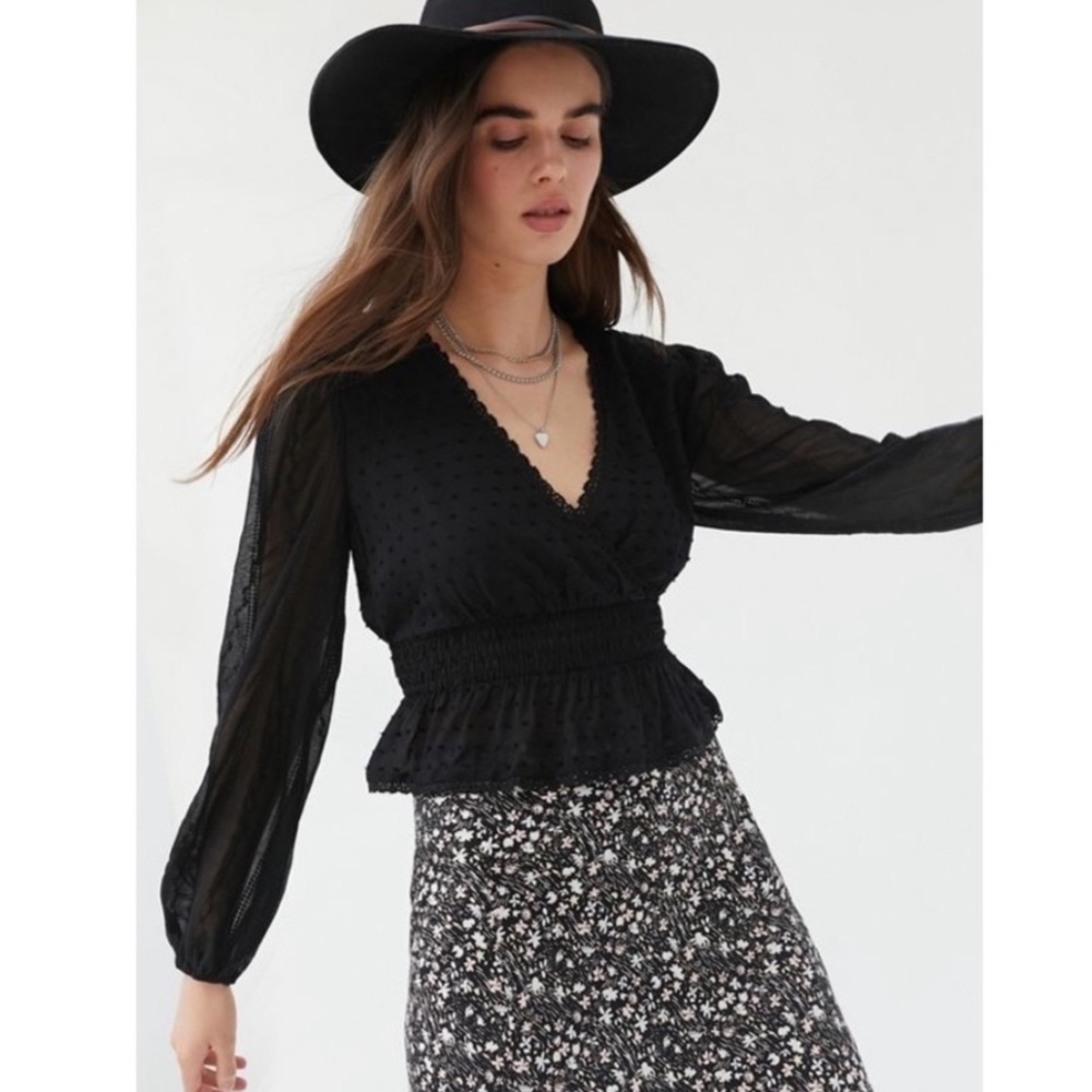 Urban Outfitters Black Embroidered Peplum Blouse Size Medium